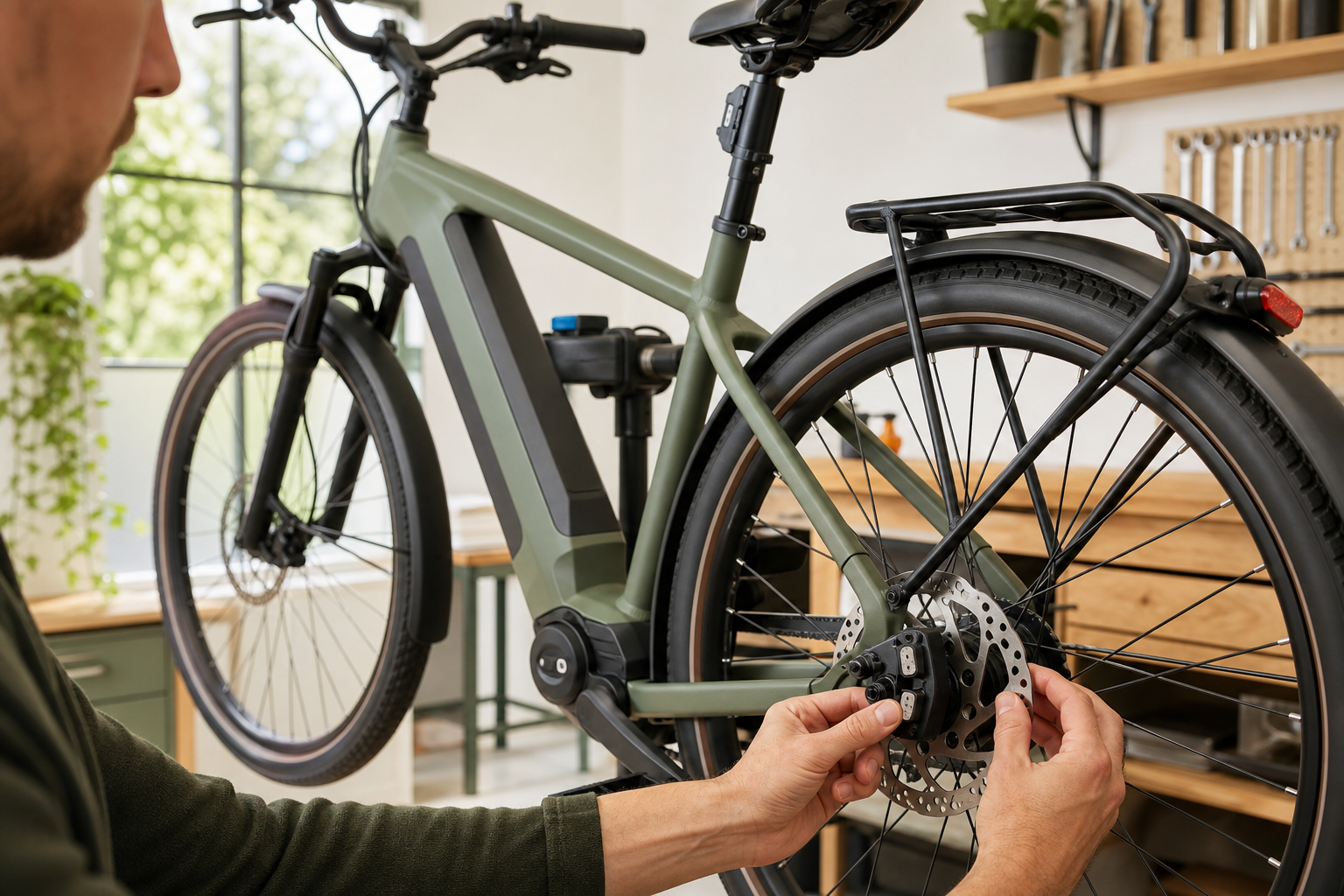 Monteur controleert de schijfrem van een elektrische fiets in een werkplaats