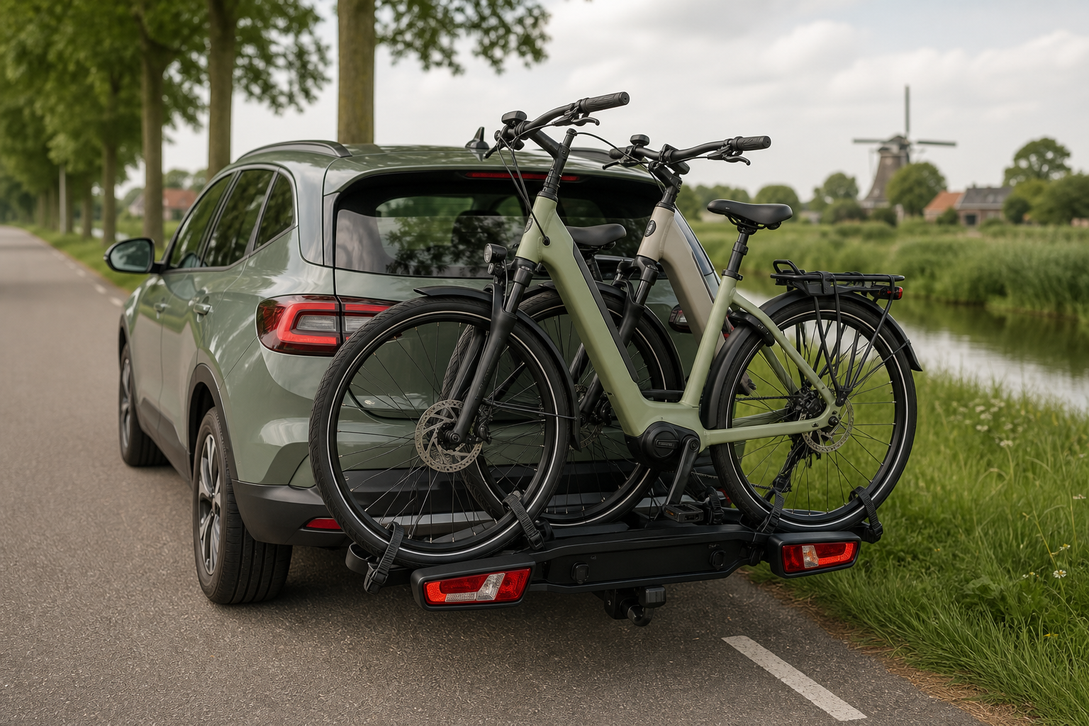 Twee elektrische fietsen veilig bevestigd op een trekhaakdrager achter een auto